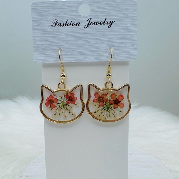 Floral Cat Shaped Glass Dangle Earrings - Picture 2 of 4